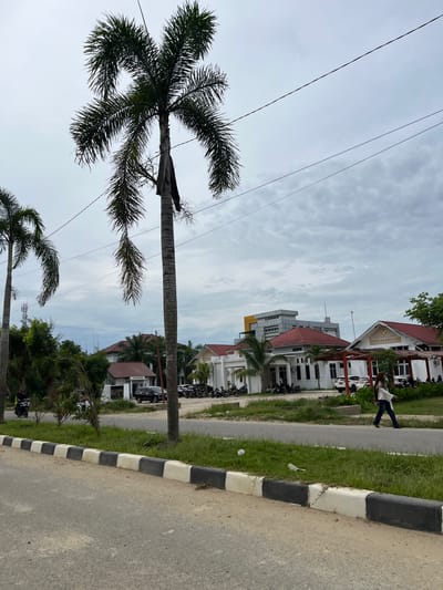 The image depicts an outdoor scene on a cloudy day in the city of Bandar, Indonesia. In the foreground, a road with a black and white checkered curb is visible, leading towards a grassy median. Several palm trees are prominent in the frame, with one large palm tree in the center of the image, its trunk showing some wear. In the middle ground, a modern building complex with white walls and red roofs is situated. A few cars and numerous motorcycles are parked in front of the buildings. A woman, wearing a white top with brown embellishments and blue jeans, is walking along the sidewalk in front of the buildings. In the background, a taller, grey building with yellow accents is visible, along with communication towers and other trees. Two individuals on motorcycles are seen on the road to the left of the frame. The overall atmosphere suggests a commercial or governmental area.