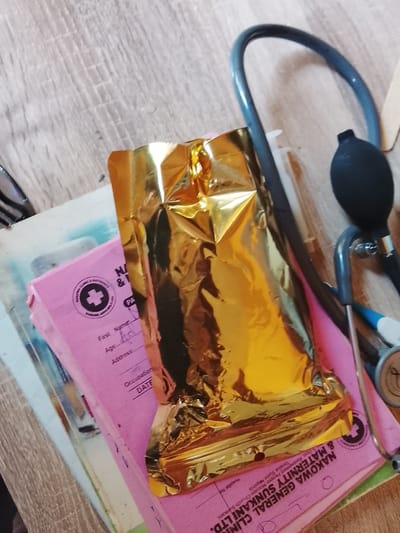 The image shows a close-up, angled view of medical records and a gold-colored foil-wrapped object, possibly medication, on a wooden surface. A stethoscope is also visible, with its ear tubes and bulb. The medical records appear to be from "NAKOWA GENERAL CLINIC LTD. & MATERNITY SUNKANI LTD." located in Sunkani, Nigeria, as indicated by the text on the pink folder. The records include fields for "First Name," "Age," and "Address." The gold foil object is centrally placed on top of the medical records. The wooden surface has a light wood grain pattern. The lighting suggests an indoor setting, possibly a clinic.