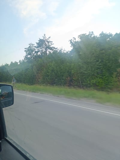 The image shows a person standing on the side of a road with trees in the background. The person is wearing camouflage clothing and a backpack. They appear to be standing still, possibly observing something or waiting for a ride. The scene is set in a wooded area, with dense green trees lining the road. The road itself is asphalt, with a white line marking the edge. The sky is partly cloudy and bright, suggesting it is daytime. The overall impression is one of a rural or natural setting. The photograph appears to have been taken from a moving vehicle, as indicated by the motion blur in the image, particularly on the road and the trees. There is a side mirror of a vehicle visible in the foreground, reflecting what looks like an orange vest and part of a face. The person standing on the side of the road could be a hiker, a hunter, or someone involved in an outdoor activity. The location is specified as Svobodny, Russia. No text is visible in the image.