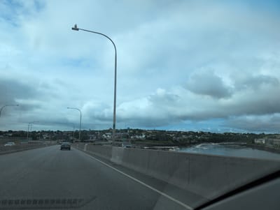 The image captures a view from a highway, likely a bridge, looking towards a city situated on a hill overlooking a body of water. The sky is overcast with dramatic clouds, suggesting a moody atmosphere. A solitary seagull is perched on top of a tall street lamp on the left side of the highway. The highway itself is paved and features a concrete barrier on the right. Several cars are visible on the road, moving in the same direction as the camera. In the distance, the city of Saint John, Canada, can be seen with its characteristic houses and buildings dotting the hilly landscape. The water appears choppy with some whitewater, possibly indicating a river or bay. The overall impression is one of urban and natural elements coexisting under a dynamic sky.