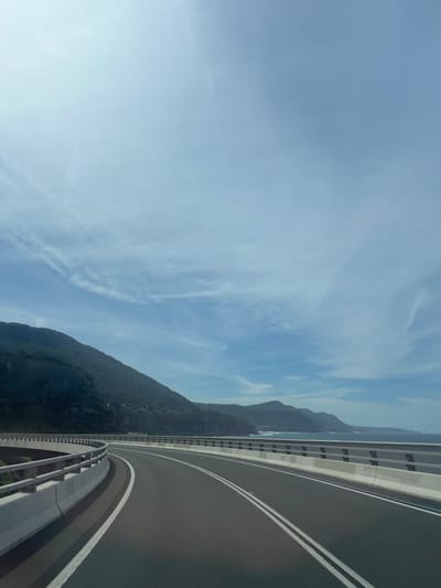 The image depicts a section of the Sea Cliff Bridge, located within the Wollongong City Council area, New South Wales, Australia. The scene is observed during daylight under a clear to partly cloudy sky.
In the foreground and midground, a two-lane asphalt road curves gently to the right. The road features double solid white lines delineating traffic lanes and a single solid white line marking the shoulder on the left. Both sides of the road are bordered by a concrete barrier, consistent with Jersey barriers, topped with a grey metal guardrail system. The road surface appears dry and well-maintained.
To the left of the road, steep, densely vegetated mountains rise abruptly, covered in dark green foliage, extending into the background. To the right, beyond the road and its barriers, the blue-grey expanse of the Pacific Ocean is visible, meeting a rugged coastline of cliffs and headlands. White surf can be observed along the shoreline where the ocean meets the land. No people or vehicles are present on the visible section of the road or bridge. The environment indicates a coastal mountainous region with engineered infrastructure.