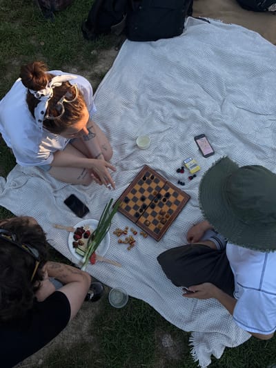 Overhead shot of a picnic scene, potentially located in the Cukarica Urban Municipality, Serbia. Four people are situated on a white blanket laid on grass. One person is wearing a white shirt and heart-shaped sunglasses with a white, patterned headband. Another person wears a white shirt and olive green bucket hat. One person is wearing dark clothing. A chess board is in the center with pieces set out. A white plate contains scallions, grilled vegetables, and a wooden fork. A cell phone lies on the blanket next to the plate, and another cell phone is adjacent to the chess board. There are other containers on the blanket, and two bags are visible in the periphery.