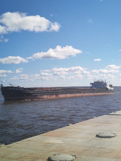 A long black and grey cargo ship, labeled "ВОЛГО-ДОН 5044," is moving on the water under a blue sky with scattered white clouds. The ship is long and rectangular, with a multi-tiered white structure at its rear. A strip of trees appears on the distant shoreline. In the foreground, a concrete pier extends towards the viewer, with several circular access hatches visible on its surface. The image is taken in Veregonets, Russia.