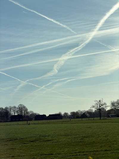 The image depicts a rural landscape with a vast field of green grass on the right side. A line of trees and buildings can be seen along the horizon, slightly offset from the center. The sky dominates the left portion of the image and is filled with numerous contrails crisscrossing each other. There's no visible indication that this is Apeldoorn. There is no visible people in the image.