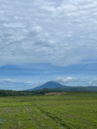 The image shows a wide, rural landscape in the city of Mesjid Kunyet, Indonesia. In the foreground, there is a flooded rice paddy with rows of young green plants. The paddy is divided into rectangular sections by low earthen walls. In the middle ground, there is a gentle slope covered with greenery, dotted with what appear to be small buildings or structures. A prominent mountain, possibly a dormant volcano, rises in the background, with its peak partially obscured by clouds. A series of power lines stretches horizontally across the sky, dividing the frame. The sky is filled with a mix of light and dark grey clouds, suggesting an overcast or possibly transitioning weather condition. The overall scene is tranquil and agrarian. There are no people or animals visible in the image.