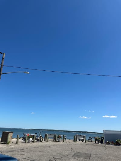 A clear blue sky dominates the left side of the image, with a thin black wire stretching diagonally across it. A single street lamp is visible on a pole on the right side of the wire. The right side of the image shows a paved walkway next to a body of water. Several wooden posts are spaced along the edge of the walkway. Two benches with planters are placed on the walkway, one with red flowers. A bicycle is parked next to one of the benches. A wooden trash receptacle is visible at the bottom right. In the distance, the opposite shore is visible as a green line across the water. A grey building with a white lattice fence is seen at the far right, with more flowers in planters. The scene appears to be a waterfront promenade on a sunny day, likely in the afternoon given the bright light and clear sky. No people are visible in the image. No text is visible.