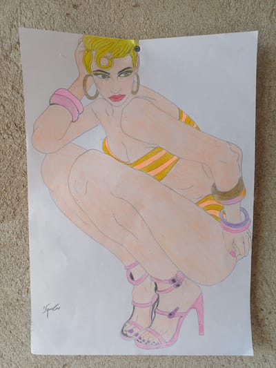 A colorful, stylized drawing of a woman is depicted on a white sheet of paper, which lies on a light brown, textured surface, possibly carpet, in Bregovo, Bulgaria. The artwork features a woman with fair skin, bright blonde hair styled in curls, striking green eyes with heavy eyeliner, and vibrant red lips. She is presented in a reclined, somewhat compact pose, with her legs bent and tucked close to her body, and her arms bent, resting near her head and hip.
She is dressed in a two-piece swimsuit or bikini with alternating yellow and orange horizontal stripes. Her accessories include large gold hoop earrings, a gold and a purple bangle on one wrist, and two pink bangles on the other. Her feet are visible, adorned with open-toed, pink high-heeled sandals, revealing toes with purple-painted toenails. The woman's gaze is directed outwards from the drawing, conveying an alluring or posed expression. The drawing style features distinct outlines and solid, even coloring, characteristic of colored pencil work. A screw is visible near the top left corner of the paper, and a signature, appearing to be "D. Popov" or similar stylized script, is located in the bottom right corner of the drawing.