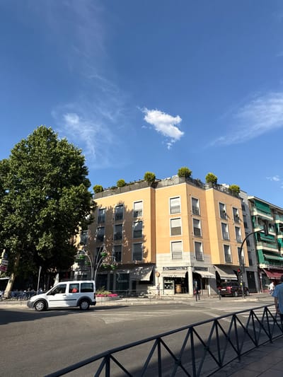 This is a vertically oriented, daytime photograph taken in Getafe, Spain. The scene depicts a street with several buildings, a large tree, and a white van. The buildings are modern, with balconies and numerous windows. One building has a yellow facade and is topped with small, decorative trees. Another building, taller and set further back, has a green facade with visible awnings.
In the foreground, a large, leafy green tree dominates the lower left of the frame. A white van is parked on the right side of the street, facing towards the viewer. The street itself is paved, and a pedestrian crossing is visible. A black metal fence runs along the sidewalk on the right side of the image.
The sky is a clear, vibrant blue with a few wispy white clouds. The sunlight suggests it is a sunny day, likely late morning or early afternoon, casting shadows across the street and buildings.
Visible text includes signs on the buildings. One sign reads "BAR LA ENCUENTRO" and "Café Bar". Another appears to be "Café Bar". Further back on a building, "EUROFIRMA" is partially visible.
There are no discernible people actively engaged in an event, though some individuals can be seen on the sidewalks in the background near the cafes. The overall impression is a quiet urban street scene on a bright day.