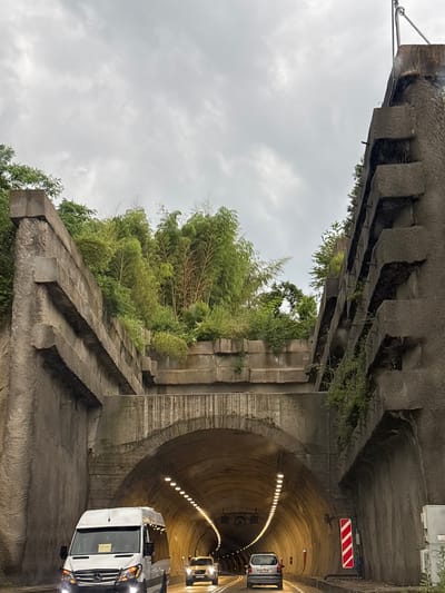 The image shows the entrance to a tunnel in Makhinjauri, Georgia, under an overcast sky. The tunnel is constructed of concrete and has a curved, arched entrance. The walls of the tunnel are lined with lights that illuminate the interior, creating a warm glow.
Outside the tunnel, there are concrete structures with layered platforms covered in lush green vegetation, including bamboo. These structures appear to be part of an embankment or retaining wall.
In the foreground, a white Mercedes-Benz Sprinter van is driving towards the tunnel. The van has its headlights on. Behind the van, two other vehicles are visible, also heading into the tunnel. One is a silver hatchback and the other is a white car.
On the right side of the road, a traffic sign with red and white diagonal stripes is mounted on the tunnel wall, indicating a potential hazard or lane change. The overall scene suggests a roadway with significant infrastructure, likely a major route leading into or through the town.