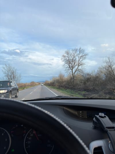 The image depicts a view from inside a moving car, showing the road ahead through the windshield. A portion of the car's dashboard and steering wheel is visible, including the speedometer, which indicates a speed of around 80 km/h. The road is straight with a single lane in each direction, and there is another car ahead in the distance. The road is flanked by trees and vegetation. The sky is partly cloudy. There is no evidence to determine if the location is Manastir, Bulgaria.