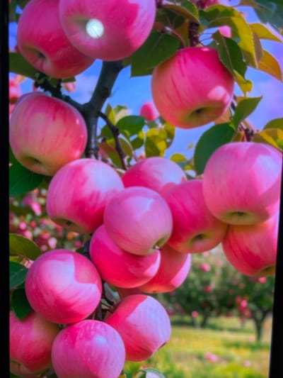 A close-up, eye-level shot captures a cluster of ripe, pink apples hanging from tree branches against a bright blue sky. The apples are the dominant feature, with varied shades of pink and white, some with subtle red streaks. The texture of the apples appears smooth and slightly waxy, with some reflecting the sunlight. Green leaves are interspersed among the apples, some appearing vibrant and healthy, others slightly less so. In the background, out of focus, is a blurred orchard scene with more trees and apples, suggesting a bountiful harvest. The overall impression is one of abundance and natural beauty. The image does not contain any information about the city of Cadek, Indonesia, nor does it depict any people, actions, or interactions.