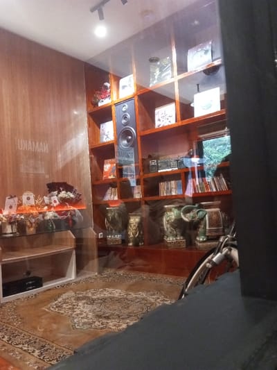 The scene depicts the interior of a commercial or public establishment in Pontianak, Indonesia, observed through a transparent glass partition.
To the left, a light-toned wooden paneled wall features a reversed reflection of text resembling "NAMAKU". Against this wall, a multi-tiered glass display unit holds various decorative items, including multiple small floral arrangements in vases and other wrapped objects. A dark electronic console, consistent with a gaming system, occupies a lower, opaque shelf.
The central and right portions of the interior are dominated by a dark brown wooden shelving unit with numerous open compartments. These shelves contain an assortment of books, compact discs, or vinyl records. A large, black audio speaker with a prominent central woofer is vertically positioned within one of the upper shelf compartments. Below the speaker, a reversed reflection displaying text, likely "TENAMAAST", is visible on the glass. A silver boombox-style stereo system with dual speakers rests on a higher shelf. On the lower shelves and the floor, at least three large, intricately patterned ceramic elephant statues are prominently displayed. A window in the upper right background reveals blurred green foliage from an outdoor environment.
The floor within the establishment is covered by a large, patterned oriental-style rug. Recessed spotlights are visible on the ceiling, providing interior illumination. The immediate foreground consists of a dark, unidentifiable opaque surface. In the lower right foreground, outside the glass partition, the front wheel and a portion of the frame of a bicycle are visible. No individuals are present within the frame.
