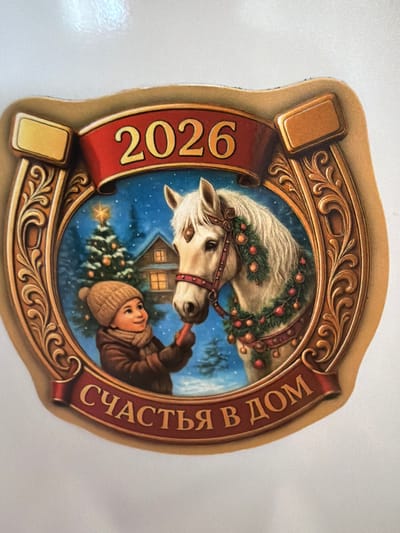 This is a decorative sticker featuring a scene of a child feeding a horse. The sticker is shaped like a horseshoe with ornate golden scrollwork and red banners. The year "2026" is prominently displayed on the top banner. The central image depicts a white horse wearing a festive garland of green foliage and red ornaments, looking down at a child. The child, dressed in a brown winter coat, knitted hat, and scarf, is holding out what appears to be a carrot or treat to the horse. In the background, a snow-covered Christmas tree with lights and a small, cozy house with illuminated windows are visible, suggesting a winter holiday setting. The bottom banner displays text in Cyrillic script, which reads "СЧАСТЬЯ В ДОМ" (Happiness to the Home). The sticker is not located in the city of Mirnoye, Ukraine.