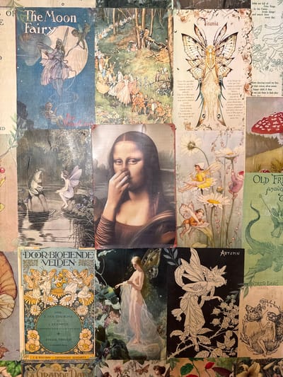 The image is a collage of various illustrations and prints, mostly featuring fairies and fantasy themes. There is also a print of the Mona Lisa in the center. The texts in the image are in English, French, and Dutch. Other images include: "The Moon Fairy," an image of "Titania," a book titled "DOOR BIOEIENDE VEIDEN," and an image with the word "Autumn" on it.