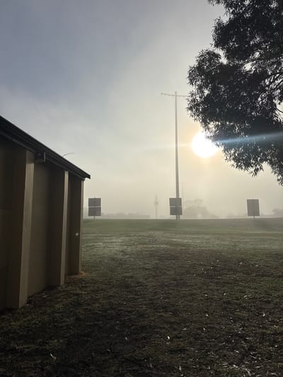 The image captures an outdoor landscape in Bassendean, Australia, on a hazy or foggy morning. The sun, a bright, diffused orb, is low in the sky towards the upper center, creating a strong glare and contributing to the misty atmosphere that reduces visibility.

In the foreground, on the left, a large tree with dense, dark foliage is silhouetted against the bright sky. Below it, part of a concrete or stone structure, possibly a building or terraced embankment, is visible, featuring a dark roofline and several horizontal steps or architectural layers.

The majority of the right side and midground is an expansive, flat green grass field, which appears wet or dewy. Extending into the hazy distance are several tall, slender poles, some of which have dark, rectangular panels attached to them. The fog diffuses the light and blurs the distant landscape, creating a quiet and serene atmosphere. There are no people or visible text in the scene.