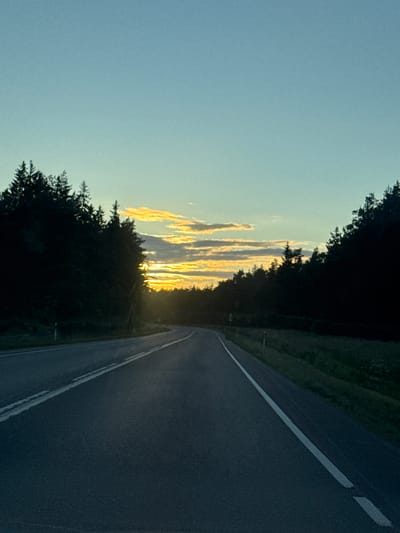 The image captures a view of a paved road curving through a forest at dusk. The sky above is a gradient of pale blue to a warmer, yellowish hue near the horizon, where the sun is setting behind the trees. Wispy clouds are illuminated by the setting sun, creating a dramatic contrast with the dark silhouettes of the dense coniferous forest lining both sides of the road. The road itself is marked with white lines, indicating traffic lanes. There are no visible people or vehicles in the scene, suggesting a quiet, secluded atmosphere. The environment appears to be rural, with a sense of isolation. The specific location is identified as Tuulna, Estonia.