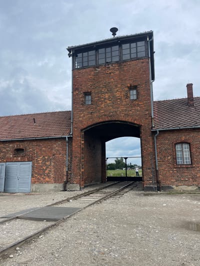 The image displays the Gate of Death (Brama Śmierci) at the former Auschwitz II-Birkenau concentration and extermination camp in Brzezinka, Poland, under an overcast sky. The central structure is a multi-story, red-brown brick gatehouse featuring a prominent arched passageway. Two sets of railway tracks extend from the foreground, pass through this archway, and continue into the distance. Above the arch, the gatehouse has two small, rectangular windows and is topped by a watchtower with multiple large, dark-paned windows and a dark, conical siren or speaker mounted on its roof.
Adjoining the central gatehouse on both sides are single-story brick buildings with red-tiled roofs. The building to the left features a large, double-leaf, light-grey louvered door. The building to the right includes a multi-pane window and a brick chimney. The ground in the immediate foreground consists of gravel and crushed stone, with a small puddle visible on the right. A metal grate is embedded between the railway tracks in front of the archway.
Through the arched passage, a metal chain-link fence is visible, beyond which lie green fields and distant structures. A single individual, dressed in a light-colored top and dark trousers, stands in the distance beyond this fence, appearing to hold a device, possibly a camera or phone, up to their eye, facing away from the viewer and towards the interior of the former camp.