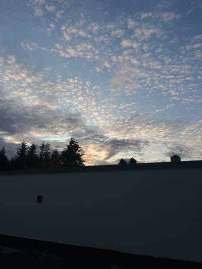 The image presents an outdoor scene in Skanderborg, Denmark, under a sky suggesting either dawn or dusk. The upper two-thirds of the frame are filled with a pattern of scattered, small, white and light-orange altocumulus clouds against a light blue sky. Darker grey cloud formations are visible towards the left and lower portions of the sky, with a concentrated area of orange-yellow light near the horizon on the right-center. A horizontal line of dark, silhouetted evergreen conifer trees forms the horizon line, visible above the building. The lower third of the image is occupied by the flat, light-colored exterior wall of a building, which is largely in shadow and appears dark grey. A small, dark, rectangular recess or opening is present on the left side of this wall. Above the right portion of the wall, a dark, angled roofline is partially visible, topped by a dark, vertical chimney structure. No individuals, actions, or direct interactions are depicted in the static scene.