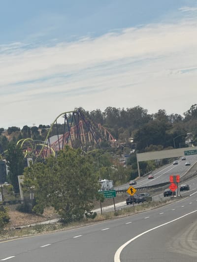The image captures a view of the roller coaster at Six Flags Discovery Kingdom in Vallejo, California, USA, from a highway. The roller coaster, with its yellow, purple, and red tracks, is prominent in the background, set against a backdrop of green trees and a cloudy sky. In the foreground, a multi-lane highway is visible with several cars driving on it. Road signs are present, including one indicating "Napa San Rafael" and another for "Detour Ahead." A green sign for "Vallejo Police Officer" is also visible. The overall scene depicts a sunny day with a mix of amusement park and highway elements.