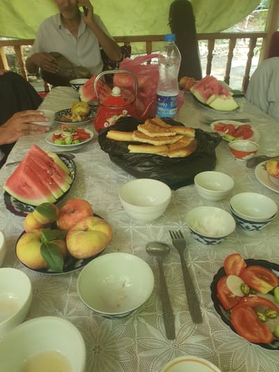A group of people are gathered around a table laden with food and drinks, suggesting a meal or a celebration. The scene appears to be outdoors, possibly in a garden or courtyard, given the presence of a wooden railing and lush greenery visible in the background. The time of day seems to be daytime, with natural light illuminating the scene.
The table is covered with a white lace tablecloth. Various food items are spread across it, including sliced watermelon, peaches, bread, a salad of tomatoes and onions, and what appears to be pilaf in a bowl. Several white bowls, some with blue patterns, are also on the table, along with a bottle of water and a red kettle. Utensils like forks and spoons are also visible.
Two individuals are partially visible in the image. One person, seen from the chest down, is wearing a light-colored shirt and appears to be reaching for something on the table. Another person, whose hands are prominently displayed, is also interacting with the food. The overall atmosphere seems relaxed and communal, hinting at a shared meal among friends or family.
A portion of text is visible on the water bottle label, which reads "TIARIO". The image is oriented such that the bottom of the frame is to the left. The setting evokes a sense of a traditional gathering, possibly in a rural or semi-rural area, as suggested by the rustic elements and the abundance of fresh produce. The overall mood is one of enjoyment and hospitality.