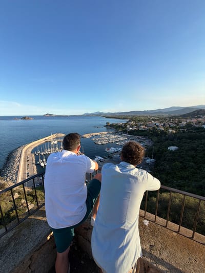 Two men, viewed from behind, stand on a stone ledge overlooking a scenic coastal town and harbor. The man on the left wears a white, short-sleeved button-down shirt and green shorts. The man on the right wears a light blue and white striped shirt. They are both leaning on a metal railing, looking out at the view. The harbor is filled with numerous sailboats. Beyond the harbor, the town is nestled amongst green hills, with buildings featuring red-tiled roofs. The sea stretches out to the horizon, with islands visible in the distance under a clear blue sky. The scene depicts a picturesque view of Santa Maria Navarrese, Italy, at golden hour.