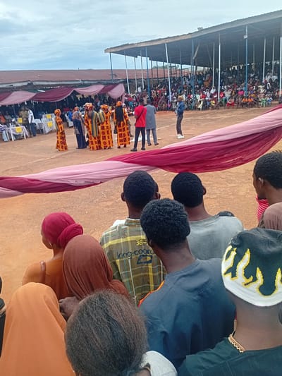 The image captures an outdoor public event in Ogbogbo, Nigeria, under an overcast sky, viewed from behind a cluster of onlookers.
In the immediate foreground, the backs of approximately ten individuals are visible. These include several males with dark, tightly curled hair; one wears a black beanie with a yellow and white flame design, and another is clad in a green and yellow plaid shirt with "long-coo" text visible. Multiple females are also present, distinguished by head coverings in solid colors such as red, brown, and orange.
Stretching horizontally across the mid-foreground is a large fabric, faded pink merging into dark red, acting as a decorative element or a soft barrier. Beyond this fabric, the central event area is visible on a reddish-brown dirt ground. Here, a group of at least six individuals, likely performers, are positioned. They are dressed in striking traditional attire featuring bright yellow, orange, and black patterns, standing in a formation. Near the performers, two men observe: one in a red shirt and dark trousers, and another in a light grey tunic over dark trousers. Further left, a man in a blue shirt stands near a section with several white-covered tables marked with yellow placards, indicating a designated area.
The background features a large, crowded grandstand filled with numerous spectators of varying ages, all observing the event. The grandstand is characterized by a corrugated metal roof supported by a series of vertical blue and white poles. Beyond the grandstand, additional low-rise buildings with reddish-brown roofs are present under the uniformly cloudy sky.
