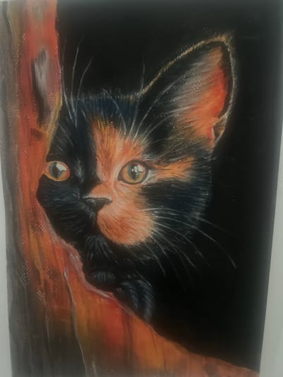 This is a close-up, portrait-style painting of a tortoiseshell cat peeking out from behind a dark, abstract, orange-toned shape. The cat's face is divided between black and orange fur, with piercing yellow eyes that reflect light. Its whiskers are white and prominent against the dark background. The painting uses a soft, impressionistic style, with visible brushstrokes, especially in the orange element. The background is predominantly black, suggesting a dark or shadowy environment. The cat appears to be looking directly at the viewer. There is no discernible location in the city of St. Gallen, Switzerland, or any people or actions depicted in this artwork.
