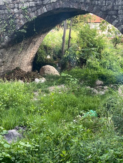 The image shows a stone archway with dense green foliage surrounding it. Through the archway, a building with windows and red brickwork is partially visible, suggesting an urban or semi-urban setting. The ground area outside the arch is overgrown with lush green grass and various plants, with some rocks and fallen debris. A large rounded boulder is prominent among the vegetation, as are some scattered pieces of trash, including a bright green plastic bag and a dark grey object that appears to be fabric. The lighting suggests it is daytime. The scene appears to be located in Podostrog, Montenegro.
