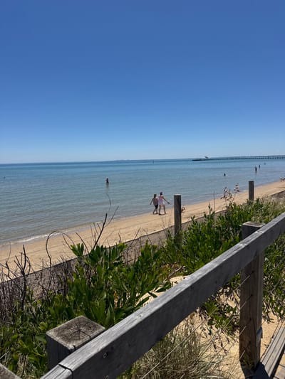 This media file captures a bright, sunny day at a beach in Frankston, Australia. The scene is divided horizontally by the horizon, with a clear blue sky occupying the top half and the calm, light blue-green sea and sandy shore below.

In the mid-ground, two people are walking along the wet sand at the water's edge. One individual, possibly an adult, wears a light-colored top and a hat, while a smaller person, likely a child, walks beside them in a light-colored outfit. Further out in the water, near the middle of the frame, another person is wading. In the distance, several other small figures are scattered in the water, appearing to be wading or swimming. A very long, narrow pier or jetty extends horizontally across the water towards the left horizon, with small markers or buoys visible near it.

On the right side of the frame, a weathered wooden fence or railing structure runs diagonally from the bottom right towards the center, suggesting a boardwalk or viewing platform. Behind this structure, coastal vegetation, including green shrubs and grasses, grows along the sandy bank. A dark mesh or netting is visible among the vegetation, possibly for erosion control or to delineate pathways.

The time of day appears to be midday or early afternoon, indicated by the bright, direct sunlight and the clear, cloudless sky. The water is calm with gentle ripples, and the overall atmosphere is one of peaceful outdoor leisure and enjoyment of the beach environment. No visible text is present in the image.