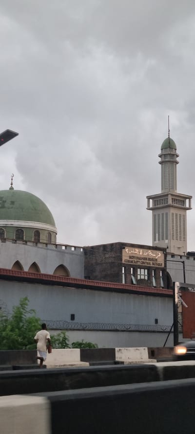 The image shows the external view of the Ikoyi Dolphin Muslim Community Central Mosque in Ikoyi, Nigeria. The mosque features a large green dome and a tall minaret with a green cap. A sign on the building reads "IKOYI DOLPHIN MUSLIM COMMUNITY CENTRAL MOSQUE" in English, with Arabic script above it. A person in a light-colored robe and white shorts is walking away from the camera, carrying a red bucket. The foreground shows a road with traffic barriers, and the sky is overcast.