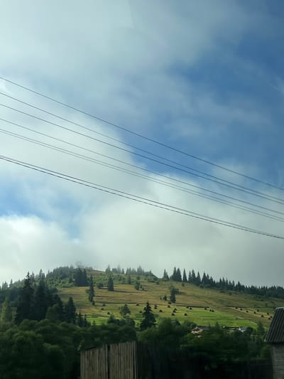 The image depicts a hillside landscape in Yablunytsia, Ukraine. The scene is dominated by a lush green hill, dotted with scattered hay bales and evergreen trees. In the foreground, dense green foliage and a wooden fence partially obscure the view. The sky above is a mix of blue sky and white clouds, with several power lines running horizontally across the upper portion of the frame. The overall impression is one of a rural, mountainous environment.