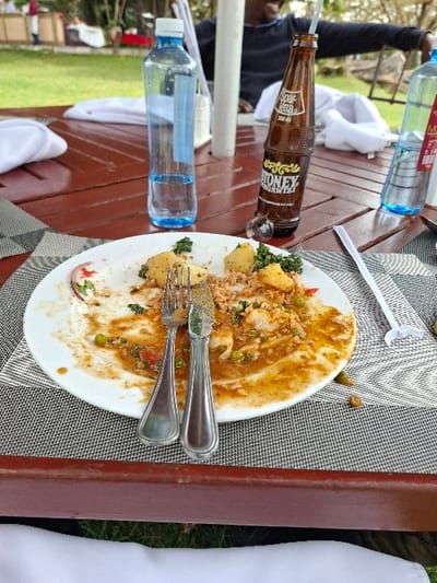 A partially eaten meal on a white plate, with a fork and knife. The plate is on a table with a gray and white checkered tablecloth. The meal consists of rice, vegetables, and meat in a brown sauce. There are two bottles of water and a bottle of Honey Brandy on the table. The scene is outdoors in a park. The location is Karagita, Kenya. The coordinates are latitude: -0.772, longitude: 36.42.