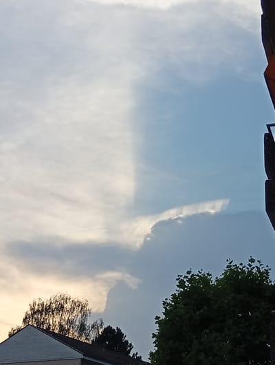 The image shows a sky with distinct cloud formations, divided vertically by a sharp line, suggesting a transition between different weather conditions. On the left, the sky is filled with wispy, white clouds illuminated by warm, low sunlight, possibly at dawn or dusk. On the right, the sky is a clear, bright blue. A thin, horizontal band of precipitation, likely rain, is visible in the blue sky area, creating a subtle curtain effect. In the lower portion of the image, the rooftops of buildings and the tops of lush green trees are visible, with one tree on the left having a more sparse, bare appearance. The scene is set against the backdrop of Langenthal, Switzerland, with the architectural elements suggesting an urban or suburban environment. There are no people or actions depicted in the image.
