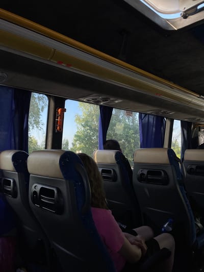 The image shows the interior of a bus, looking forward from the back. The seats are upholstered in beige and blue fabric, with black plastic armrests and headrests. There are blue curtains on the windows, which look out onto trees and a bright sky. One window has an orange emergency hammer mounted to the side. Another window has a sign with Cyrillic text that translates to "Emergency Exit." A person with long, wavy brown hair wearing a pink shirt is seated in the foreground, facing away from the camera. Other passengers are visible in the background, also facing forward. A blue water bottle is visible in a seat pocket. The overall impression is that of a bus journey through a rural or suburban area. The location is identified as Potashnia, Ukraine.