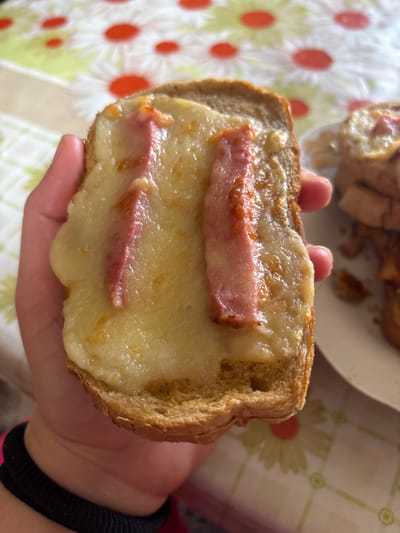 A hand holds a piece of toast topped with melted cheese and two slices of processed meat, likely ham. The toast has a golden-brown crust. A plate with more of the same food is visible in the background. The tabletop has a floral pattern, suggesting a domestic setting. The location and city information provided are not discernible from the image.