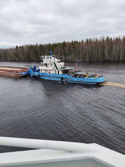This image depicts a maritime scene in Uzhla, Russia, under an overcast sky during daylight hours. The primary subjects are a blue and white tugboat actively pushing a large, rectangular brown barge along a wide, dark waterway.
The tugboat, characterized by its vibrant blue hull and a prominent white multi-level superstructure, features a bridge with windows, several red lifebuoys, and various pieces of equipment on its decks, including what appears to be a small crane-like structure and coiled cables. A Russian flag is prominently flying from the stern of the tugboat, which is generating a distinct, frothy brown-orange wake as it moves through the water. Visible text on the tugboat includes "5503" and partially "РЕЧНИК...".
The accompanying barge, painted in a rust-brown or reddish hue, appears to be empty or carrying low-profile cargo. The identification number "N3440" is clearly visible on its stern. The tugboat is positioned directly behind the barge, propelling it forward.
The waterway is flanked by a dense forest on the distant bank, composed of a mix of evergreen conifers and leafless deciduous trees, suggesting a late autumn, winter, or early spring season. The water itself is dark and shows slight ripples. In the immediate foreground, a white metal railing is partially visible, indicating the photograph was taken from another vessel or a bridge overlooking the scene.