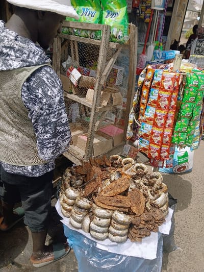 The image captures an outdoor market scene in Kadoma, Zimbabwe. In the foreground, a substantial display of dried fish rests on a white sheet over a blue plastic bag, featuring both light-colored, ring-shaped fish and darker, irregularly shaped flat fish. To the left, a male individual is positioned with his back partially to the viewer, wearing a white wide-brimmed hat, a black and white patterned long-sleeved garment, a tan mesh vest, dark shorts, and light blue sandals. Behind this individual stands a multi-tiered wooden display rack constructed with chicken wire, containing various small packaged items. To the right of the rack, a vertical display holds numerous small, colorful packets, including red-orange "Twisco" branded items and green-packaged goods. In the background, large green bags labeled "Viva" and "Dry" are visible, alongside brooms and other household merchandise, consistent with a general market stall. The ground is paved, and the scene is illuminated by direct sunlight.