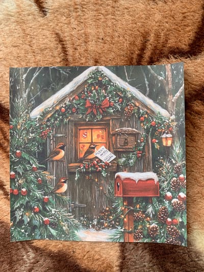 The image shows a square card depicting a winter scene, possibly a cabin or building decorated for Christmas. The building's facade is wooden and adorned with pine branches, pinecones, holly with red berries, and small lights. A red mailbox, partially covered in snow, is visible. A window glows warmly, and a note is hanging on the wall. Two birds perch on branches. The image background is a brown, furry surface.
The city of Slavyani, Bulgaria is not discernible in the image.