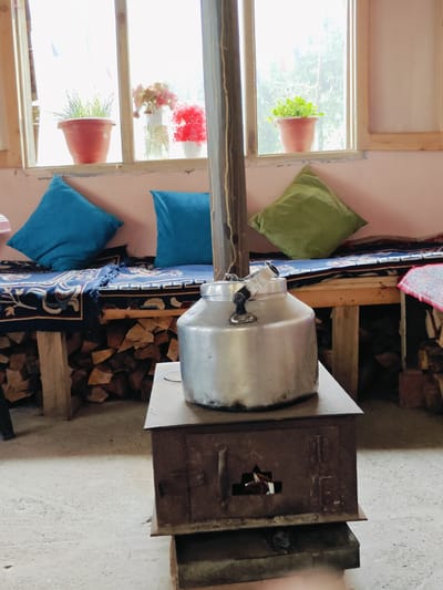 This is a medium shot, eye-level, indoor photograph taken in Prini, India, depicting a rustic, cozy scene. In the foreground, a weathered, dark metal wood-burning stove is centrally positioned. On top of the stove sits a large, polished aluminum kettle with a black handle. Behind the stove, a wooden bench is laden with blue and green cushions, covered by a patterned dark blue blanket. The bench is supported by stacked logs. A tall, thick wooden pole runs vertically in front of the kettle and stove, obscuring part of the background. Beyond the bench, a large window with wooden frames allows natural light to filter in, illuminating the scene. On the windowsill, three potted plants are visible: one with green grass-like foliage, another with pink and yellow flowers, and a third with bright red flowers. The floor appears to be a light-colored, slightly dusty concrete. The overall impression is one of warmth and simplicity, characteristic of a mountain dwelling.