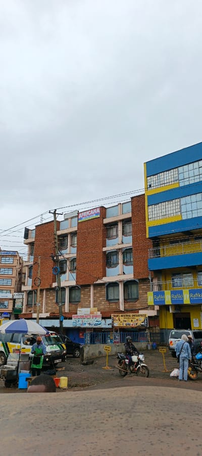 An urban scene depicts a street with multiple buildings. A brick building with an "Africana Driving School" sign stands next to a blue and yellow building with "Rafiki" signs. Street vendors and motorcycles are present in the foreground. The sky is overcast. Several signs, including "Trans-Neutral Enterprise," are visible on the buildings. A variety of vehicles and pedestrians are scattered along the street, indicating a bustling environment.