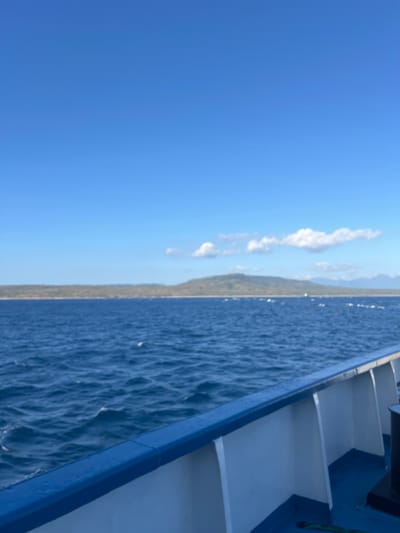 The image captures a view from the deck of a vessel at sea, with the deep blue ocean in the foreground and a distant, tree-covered island under a clear blue sky. The vessel's railing, painted blue and white, is visible along the bottom right of the frame. Wispy white clouds dot the expansive sky, and gentle waves ripple across the water's surface. The island, appearing somewhat hazy, stretches across the horizon, its topography characterized by rolling hills. The scene evokes a sense of journey and open water, likely a ferry or ship sailing near the coast of Ketapang, Indonesia, given the tropical landscape and seascape. There are no people or specific landmarks to identify the exact location within Ketapang.