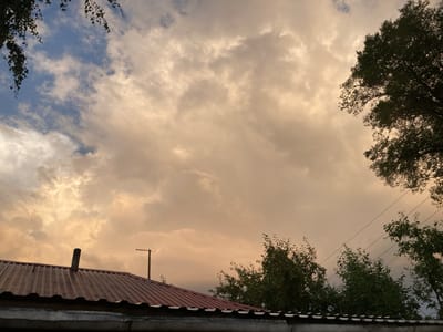 The image depicts an outdoor scene with a cloudy sky, trees, and the roof of a building. The sky is filled with large, light-colored clouds that appear to be illuminated from behind, suggesting either sunrise or sunset. Some areas of the sky are a lighter blue, peeking through the clouds.
In the foreground, the corrugated metal roof of a building is visible, painted a reddish-brown color. A chimney pipe protrudes from the roof, and further to the right, an old-fashioned television antenna is mounted on a pole. The building's roofline is topped with a white fascia board.
Several trees with green foliage frame the scene. On the left side, a tree branch with leaves hangs down from the top of the frame. On the right, a larger tree dominates the upper right portion of the image, with its branches and leaves silhouetted against the sky. Other trees are visible in the middle ground, behind the roof.
Overhead, power lines stretch across the frame, adding a man-made element to the natural landscape. The overall impression is of a calm, perhaps late afternoon or early morning, sky with a somewhat overcast but still bright atmosphere. The scene appears to be in a residential or semi-rural area, given the presence of a house roof, antenna, and trees. No people are visible in the image. The time of day is likely either dawn or dusk due to the lighting and cloud conditions.
