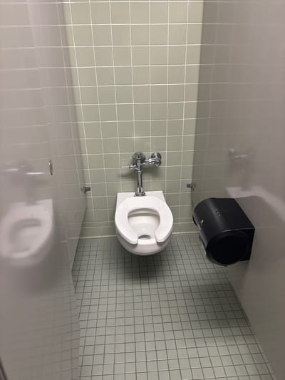 This is an interior shot of a public restroom. The walls are tiled with a grid of light gray, square tiles. A toilet is mounted to the wall, and the toilet paper dispenser is located above and to the right of the toilet. The countertop is light gray and reflects the toilet in the reflection. The flush valve is a standard commercial model. The location is Knoxville, Tennessee, United States of America. There are no people visible in the image.