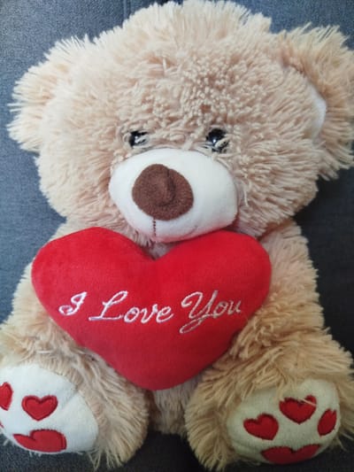 A close-up, eye-level shot shows a fluffy, light brown teddy bear sitting on a dark gray textured surface. The bear is holding a bright red heart-shaped pillow with white cursive text that reads "I Love You". The bear's paws have white pads with red heart shapes stitched onto them. The background is out of focus, but appears to be a solid, dark color. The image does not depict any identifiable landmarks or elements that would suggest a specific location within Cēsis, Latvia, or any other city.
