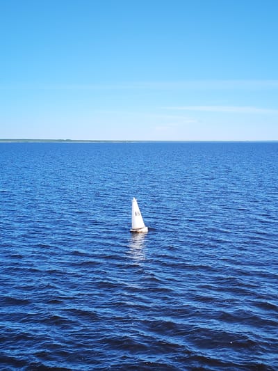 The image presents a serene and expansive natural landscape, dominated by a vast body of deep blue water under a clear, bright sky. In the mid-ground, slightly off-center to the right, a small, white, triangular object floats calmly on the water. This object, resembling either a buoy or a miniature sailboat, features the number "69" prominently displayed in black on its side.
The water itself is characterized by numerous gentle ripples and small waves, creating a textured surface that reflects the bright daylight. The deep blue color of the water suggests depth and clarity. Stretching across the distant horizon is a low-lying landmass, appearing as a dark green band, indicative of a tree-lined shore or a distant coastline. Above this, the sky is a brilliant, cloudless light blue, gradually lightening towards the horizon.
The scene depicts a clear, sunny day, likely during the mid-day hours, given the direct and uniform illumination. The overall impression is one of peace and tranquility, with the sole artificial object, the numbered float, serving as a subtle focal point in the vast natural setting. No people or human activities are visible, emphasizing the untouched quality of the environment. This tranquil waterscape is located in Bereg, Russia.