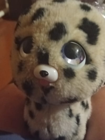 A close-up, blurry photograph shows a plush toy animal with a cream-colored body and black spots. The toy has large, round, glossy blue eyes with white highlights. Its nose is a white oval with a black, slit-like pupil, and its mouth appears to be slightly open, revealing a pink interior. The toy's fur is fluffy and appears to be made of a soft material. The background is out of focus and suggests an indoor setting, possibly a domestic environment, with hints of brown and dark colors. The image is low resolution and lacks detail in the background, making it impossible to determine the exact location, including any specific details about the city of Berezivka, Ukraine.