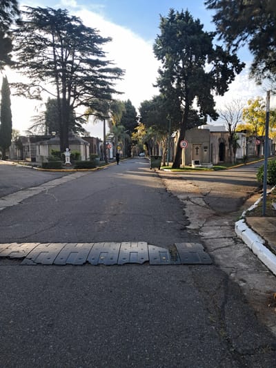 The image shows a street in the city of Vicente López, Argentina, likely within or near a cemetery. The road is paved and features a speed bump made of dark gray rubber segments, installed along the right side. Sidewalks are visible on both sides of the road. On the left, there is a section of the cemetery with mausoleums and headstones, lined with trees that cast shadows on the road. There are signs indicating a speed limit of 10 km/h. The weather seems sunny. A pedestrian is visible on the street.