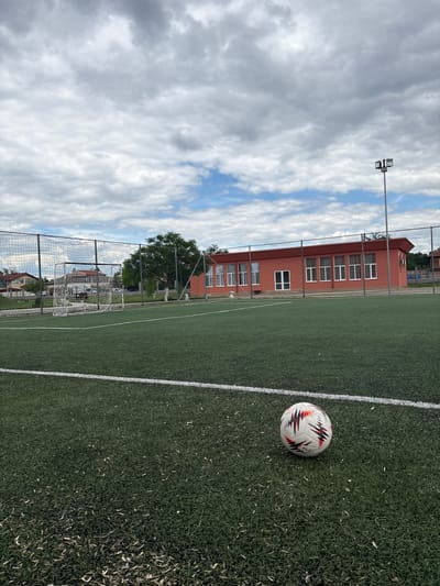 A soccer ball rests on the turf of a soccer field in Saedinenie, Bulgaria, next to a white line. The field has a green artificial turf surface, with a white boundary line running horizontally across the foreground. In the middle ground, a soccer goal with netting is visible on the left, and a red building with multiple windows is situated on the right. A tall light post stands behind the building. The background features a fence, trees, and residential buildings. The sky is filled with cloudy, overcast conditions.