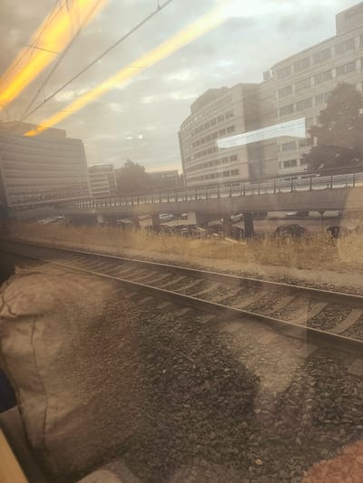 A low-angle, horizontal shot captures a view from a moving train through its window, looking out at a city landscape. The foreground is dominated by a railway track, with ballast stones and weathered wooden sleepers visible. To the right of the track, dry, tall grasses grow, suggesting an urban fringe or neglected area.

Beyond the tracks, a multi-level concrete structure, likely an overpass or bridge, spans the scene. Beneath this structure, a parking lot is visible, filled with several cars. The cars are indistinct, appearing as dark shapes in the shadow of the overpass, with some vehicles partially obscured by the tall grass.

In the background, imposing modern buildings rise, their facades composed of numerous windows, reflecting the hazy, overcast sky. The lighting suggests either early morning or late afternoon, with warm, orange streaks of light reflecting off the train's window, possibly from overhead power lines or the setting/rising sun. The overall atmosphere is muted and slightly hazy, with a sepia-toned cast to the image, possibly due to the window's tint or the atmospheric conditions. No people are clearly visible in the frame. The scene depicts an urban environment at the edge of the city, as seen from a transport route. The specific location in Hoofddorp, Netherlands, is not visually identifiable from the provided image alone; this context is external information.