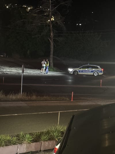 At night, in the city of Simitli, Bulgaria, two individuals stand on the side of a road, illuminated by a police car's headlights. One individual appears to be in civilian clothing, while the other is in a uniform, likely a police officer, wearing a high-visibility vest. The police car, a white station wagon with blue and yellow markings, has its headlights on and is parked on the asphalt road. The word "ПОЛИЦИЯ" (Police) is visible on the side of the car. In the background, a tree with sparse branches stands tall, and beyond that, the lights of houses are visible on a darkened hillside. The foreground shows a paved road with orange traffic cones and some greenery in planters. The scene suggests a roadside interaction or investigation involving law enforcement.